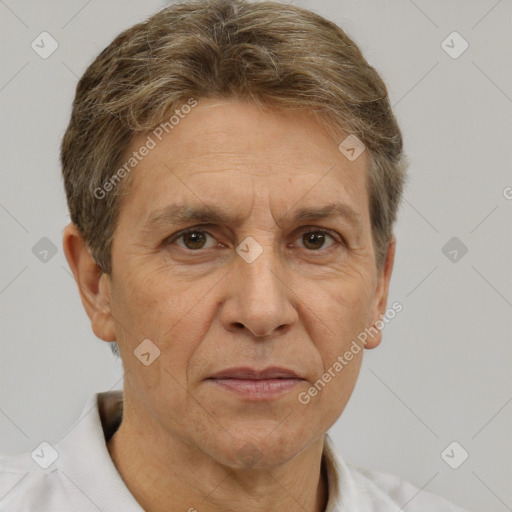 Joyful white middle-aged male with short  brown hair and brown eyes