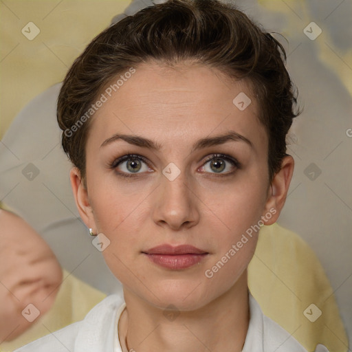 Neutral white young-adult female with short  brown hair and brown eyes