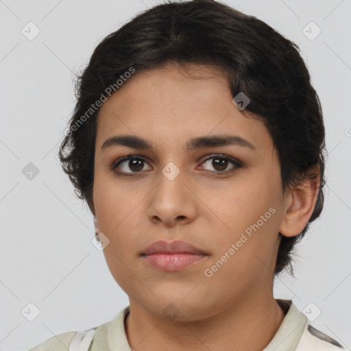 Neutral latino young-adult female with short  brown hair and brown eyes