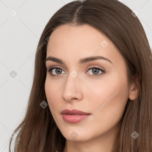 Neutral white young-adult female with long  brown hair and brown eyes