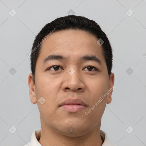Neutral asian young-adult male with short  black hair and brown eyes