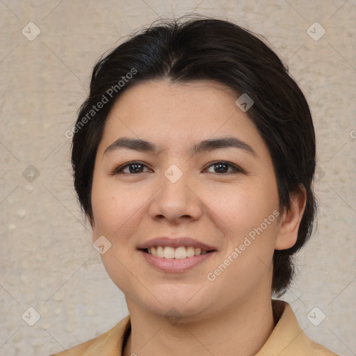 Joyful asian young-adult female with medium  brown hair and brown eyes