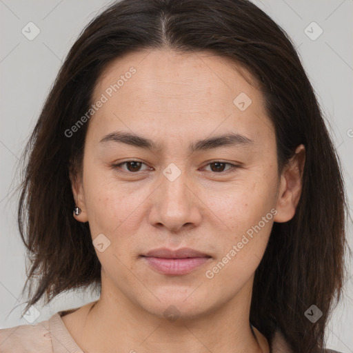 Joyful white young-adult female with medium  brown hair and brown eyes