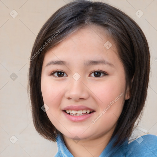 Joyful white child female with medium  brown hair and brown eyes