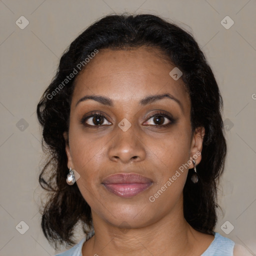 Joyful black young-adult female with medium  brown hair and brown eyes