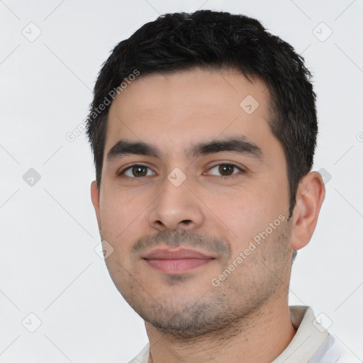 Neutral asian young-adult male with short  black hair and brown eyes