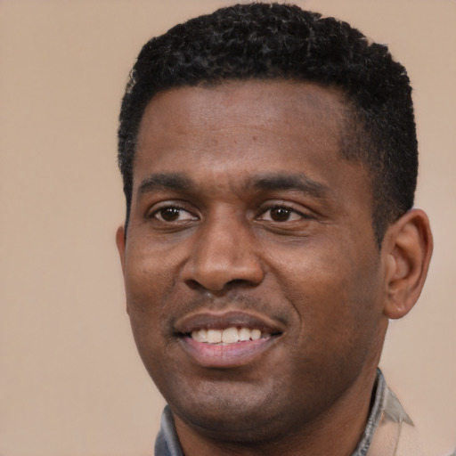 Joyful black young-adult male with short  black hair and brown eyes
