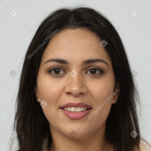 Joyful latino young-adult female with long  brown hair and brown eyes