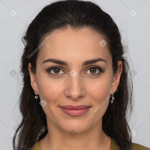 Joyful white young-adult female with long  brown hair and brown eyes