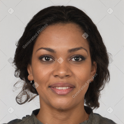 Joyful black young-adult female with medium  brown hair and brown eyes