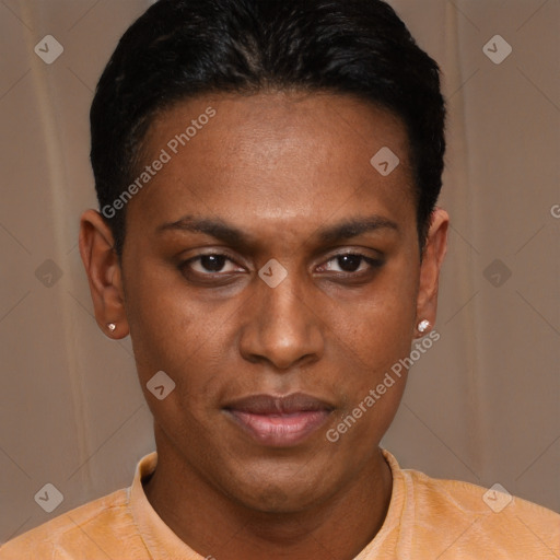 Joyful black young-adult female with short  black hair and brown eyes