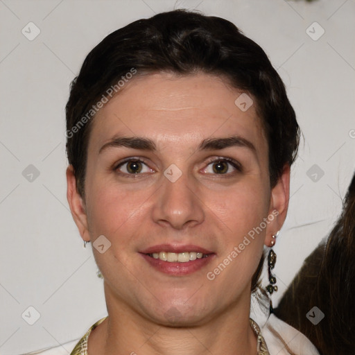 Joyful white young-adult female with short  brown hair and brown eyes