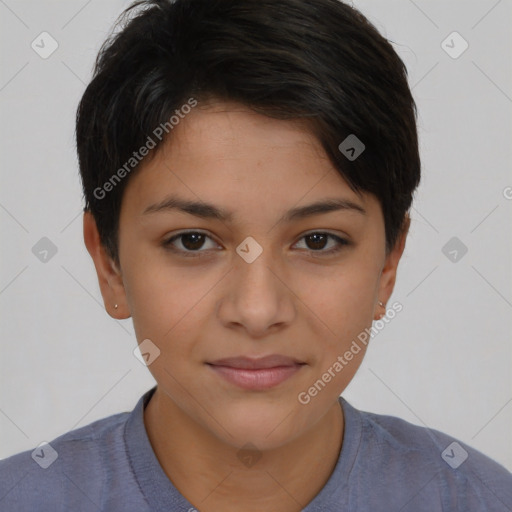 Joyful latino young-adult female with short  brown hair and brown eyes