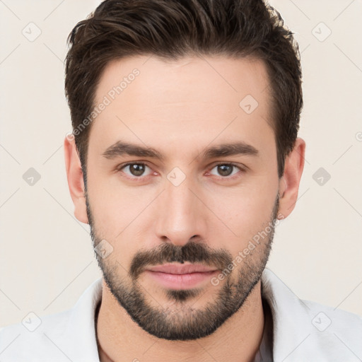 Neutral white young-adult male with short  brown hair and brown eyes