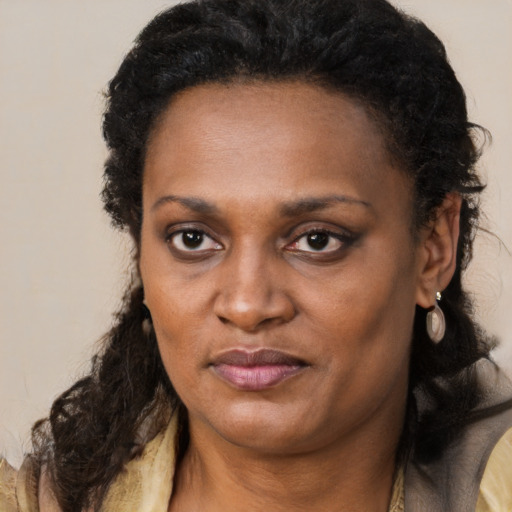 Neutral black adult female with long  brown hair and brown eyes