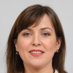 Joyful white adult female with medium  brown hair and grey eyes