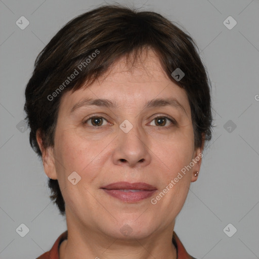 Joyful white adult female with medium  brown hair and brown eyes