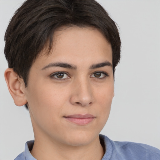 Neutral white young-adult female with short  brown hair and brown eyes