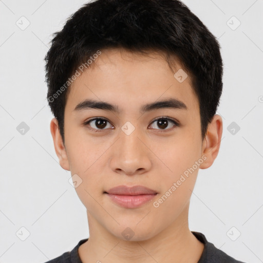 Joyful latino young-adult male with short  brown hair and brown eyes