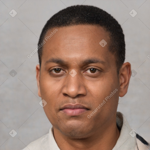 Neutral latino young-adult male with short  black hair and brown eyes
