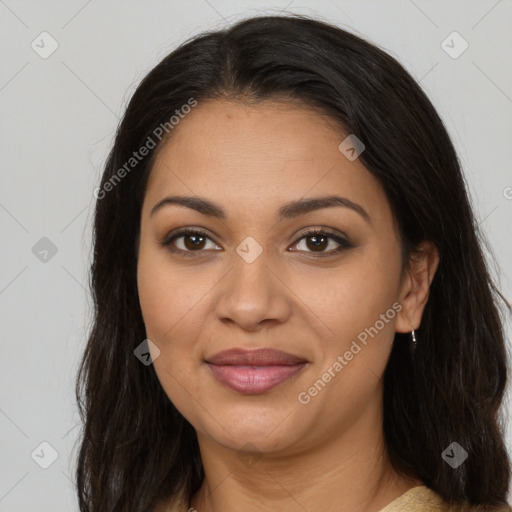 Joyful latino young-adult female with long  brown hair and brown eyes