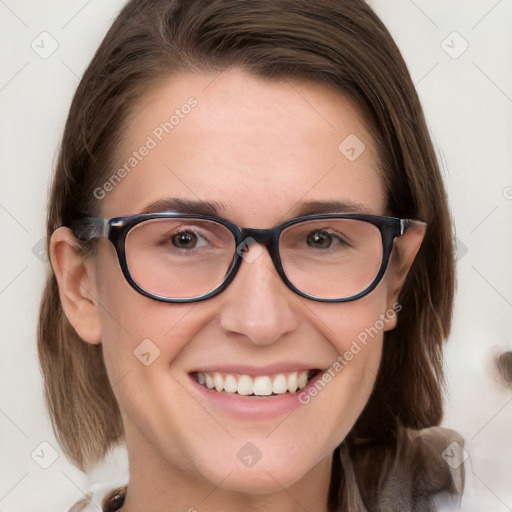 Joyful white young-adult female with medium  brown hair and blue eyes