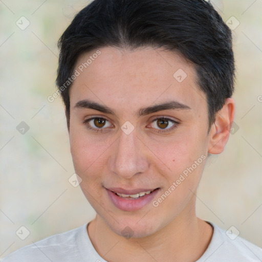 Joyful white young-adult female with short  brown hair and brown eyes