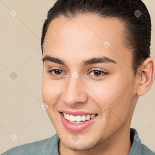 Joyful white young-adult female with short  brown hair and brown eyes