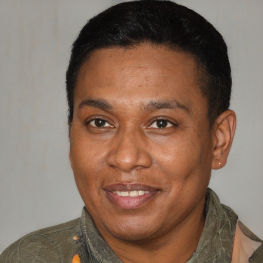 Joyful latino adult male with short  black hair and brown eyes