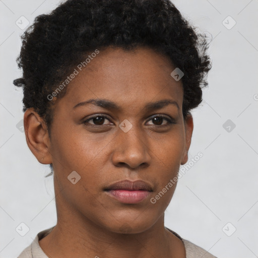 Neutral black young-adult female with short  brown hair and brown eyes