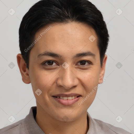 Joyful white young-adult female with short  brown hair and brown eyes