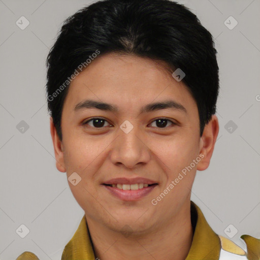 Joyful asian young-adult female with short  brown hair and brown eyes
