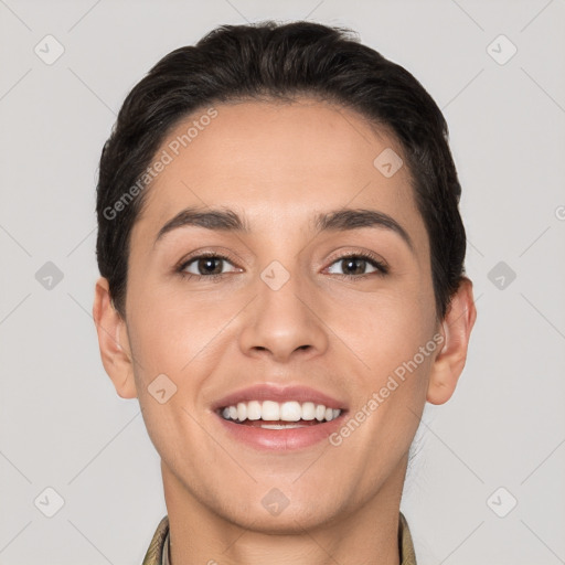 Joyful white young-adult female with short  brown hair and brown eyes