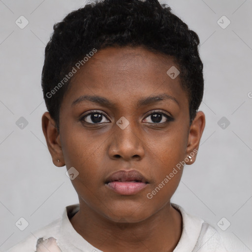 Neutral black young-adult female with short  brown hair and brown eyes