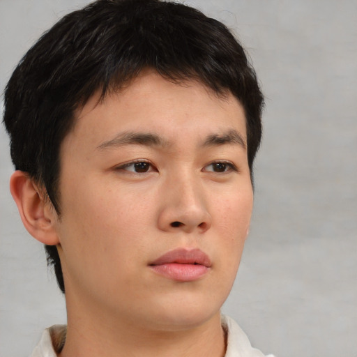 Neutral asian young-adult male with short  brown hair and brown eyes