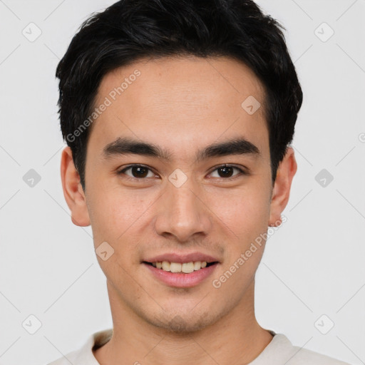 Joyful latino young-adult male with short  black hair and brown eyes