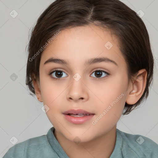 Joyful white child female with medium  brown hair and brown eyes