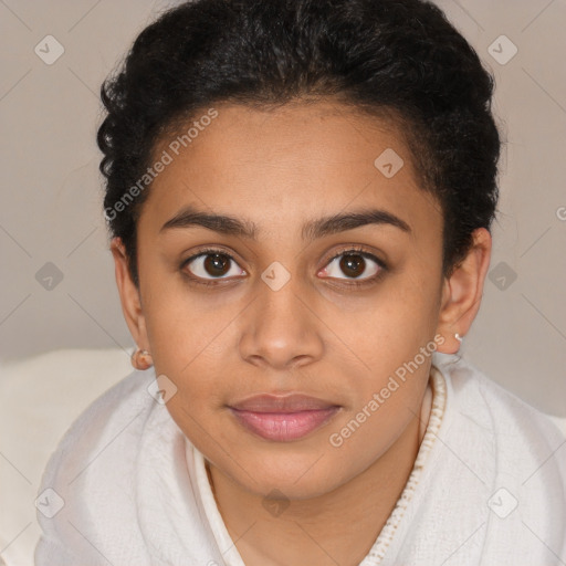 Joyful latino young-adult female with short  brown hair and brown eyes