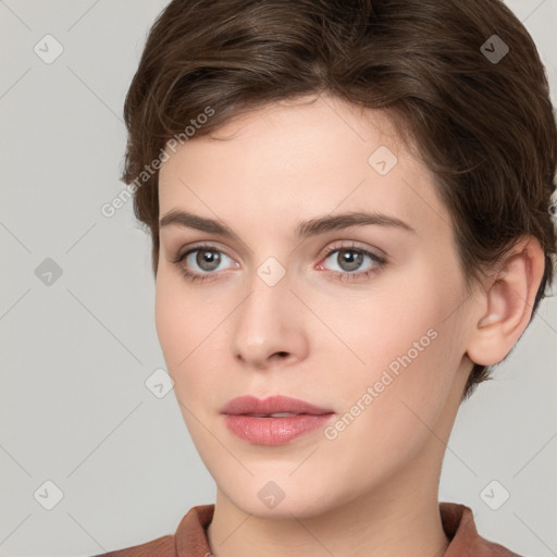 Neutral white young-adult female with short  brown hair and brown eyes