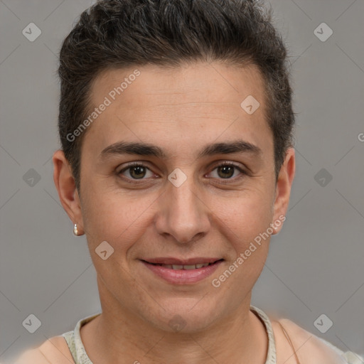 Joyful white adult male with short  brown hair and brown eyes