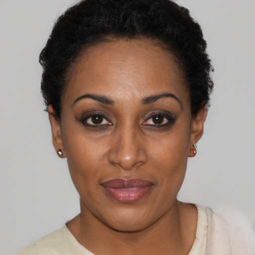 Joyful black young-adult female with short  black hair and brown eyes