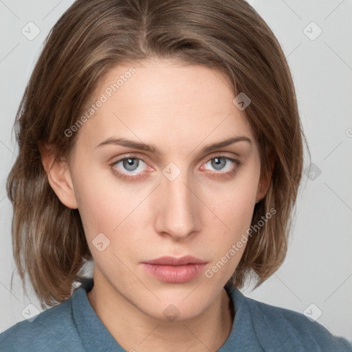 Neutral white young-adult female with medium  brown hair and blue eyes