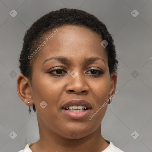 Joyful black young-adult female with short  brown hair and brown eyes