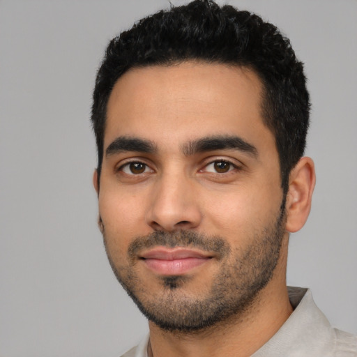 Neutral latino young-adult male with short  black hair and brown eyes