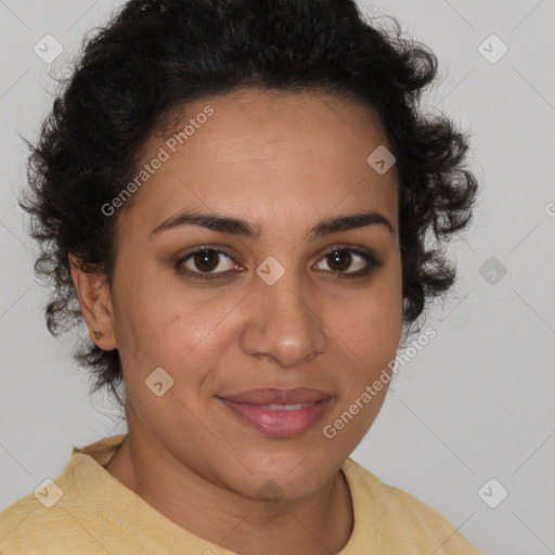 Joyful latino young-adult female with short  brown hair and brown eyes