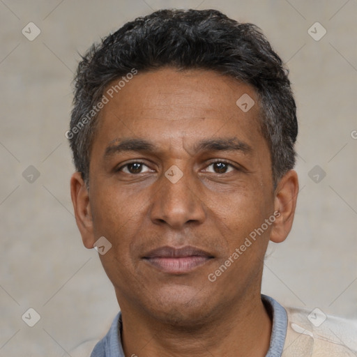 Neutral white adult male with short  black hair and brown eyes
