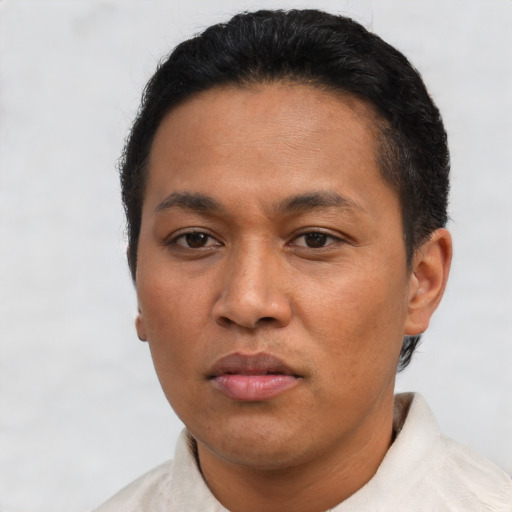 Neutral latino young-adult male with short  black hair and brown eyes