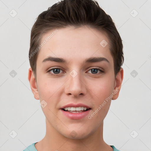 Joyful white young-adult female with short  brown hair and grey eyes