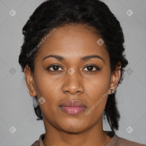 Neutral black young-adult female with short  black hair and brown eyes