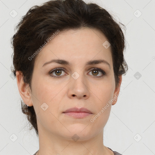 Neutral white young-adult female with short  brown hair and brown eyes